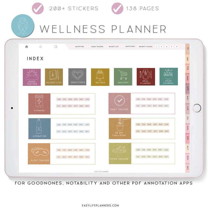 Digital Wellness Planner for iPad, Notability Planner, XODO Planner, Goodnotes Planner, Habit Tracker image 1