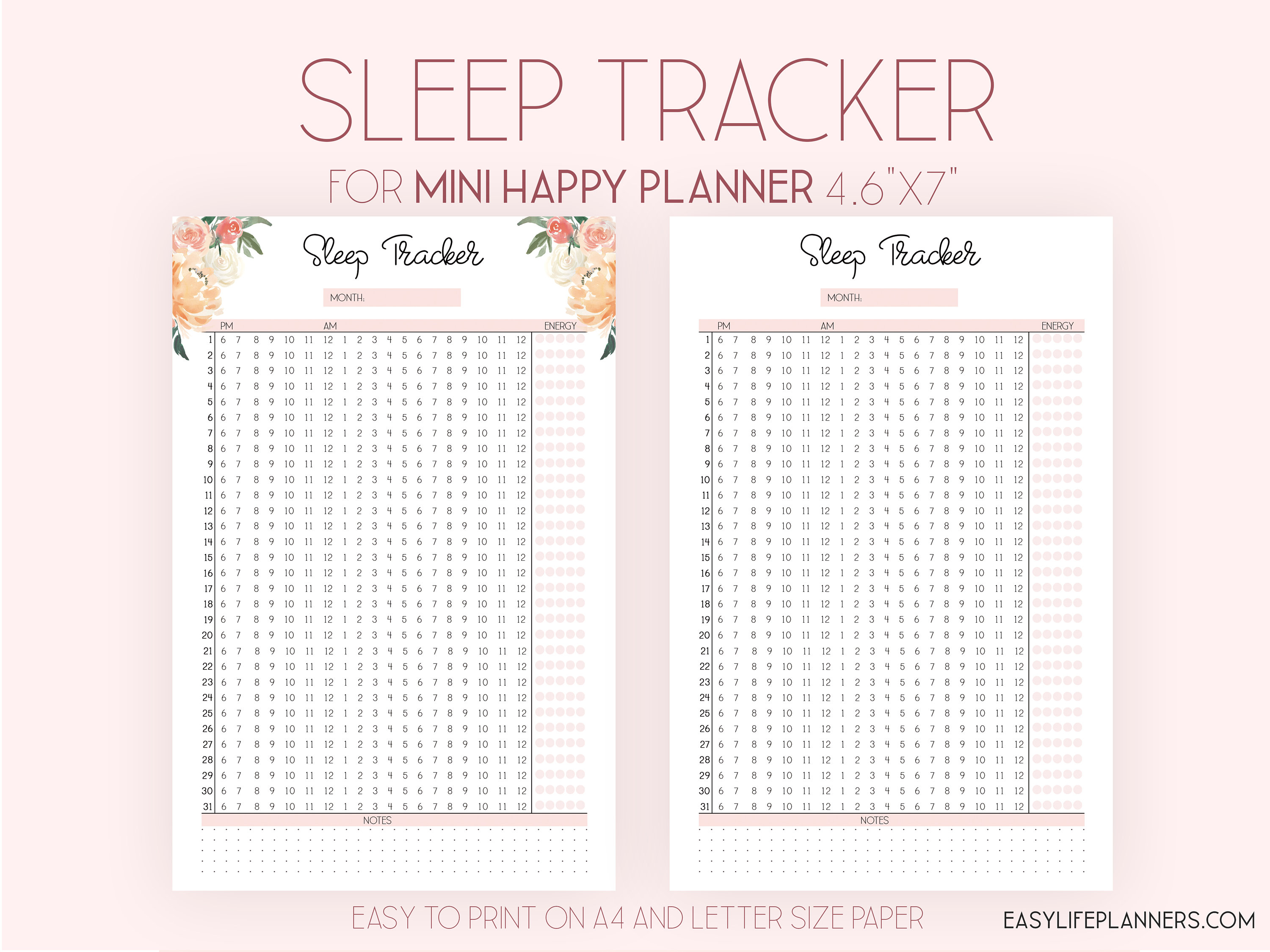Sleep Tracker, Sleep Log, Mini Happy Planner Inserts, Health and