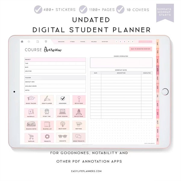 Digital Student Planner, Digital Planner iPad, Notability Planner, Goodnotes Template, Academic Planner, College Student Planner