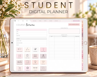 May include: A digital tablet displaying a student digital planner with a course overview page. The interface features pink and white sections, a grid for important dates, and icons for tracking tasks. Text includes STUDENT DIGITAL PLANNER, UNDATED, HYPERLINKED, and GOODNOTES NOTABILITY.