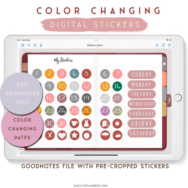 Color Changing Digital Stickers, Calendar Numbers, Goodnotes stickers, Digital Stickers for iPad,