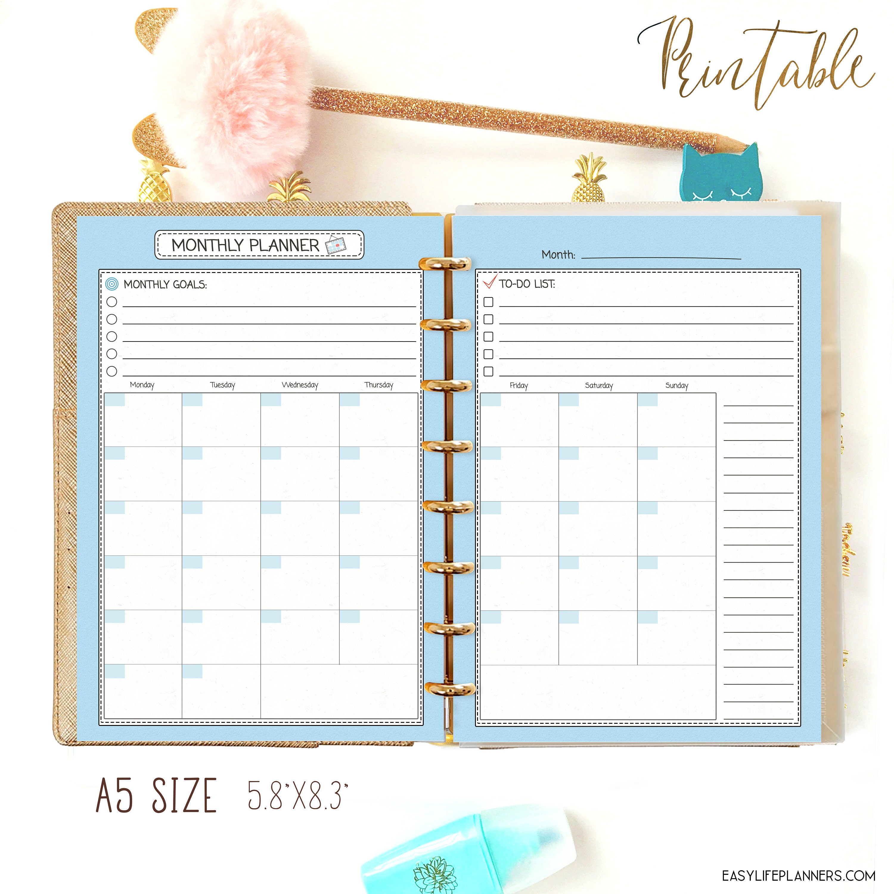 monthly planner printable a5 planner refills month on two