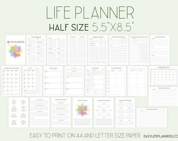 Half Size Planner Life Planner Printable Half Letter Planner 5.5× 8.5 Daily Planner, Weekly Planner, Monthly Planner