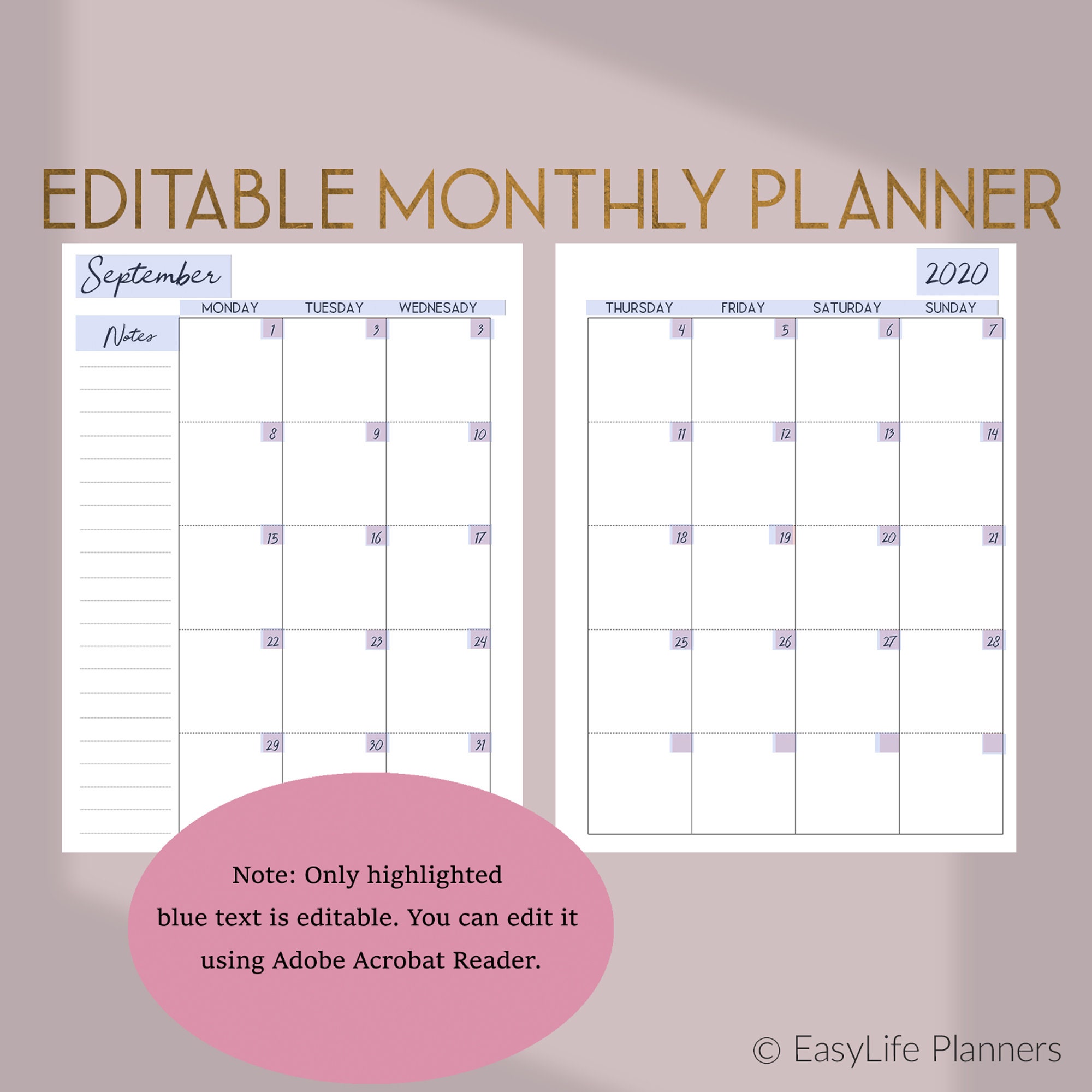 Editable Planner Pages Month On Two Pages Monthly Layout | Etsy