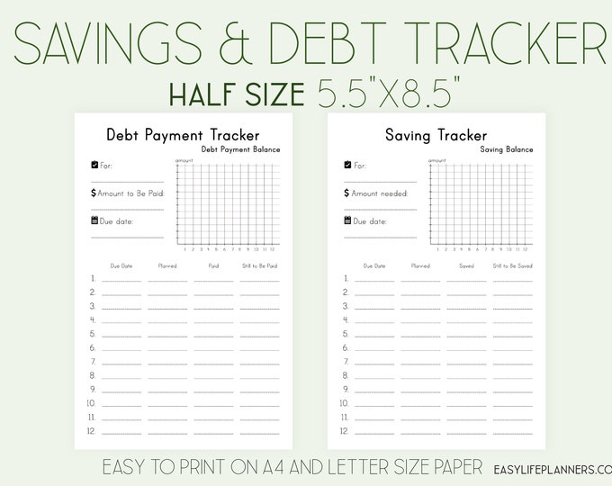 Savings Tracker, Debt Payment Tracker, Half Size Planner, Budget Planner Printable