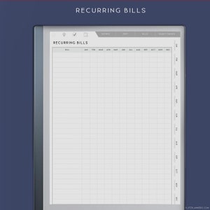 May include: A digital planner page titled RECURRING BILLS featuring a grid layout with columns for months from January to December and a row for bill names. The interface includes navigation tabs for savings, debt, bills, and yearly finance.