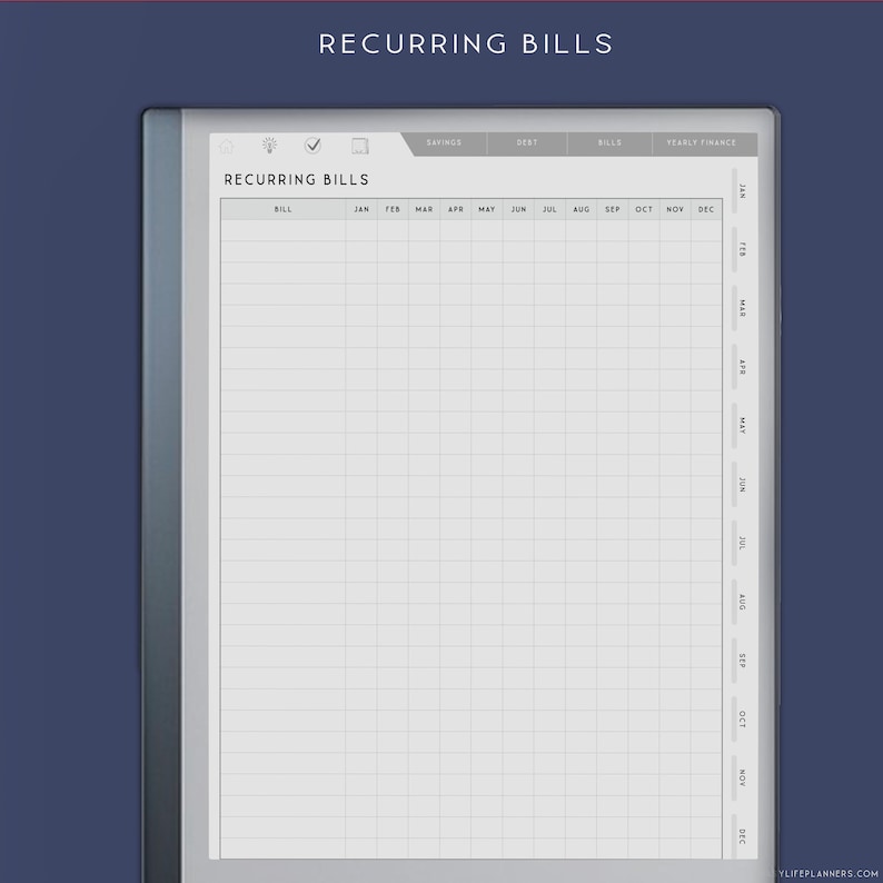 May include: A digital planner page titled RECURRING BILLS featuring a grid layout with columns for months from January to December and a row for bill names. The interface includes navigation tabs for savings, debt, bills, and yearly finance.