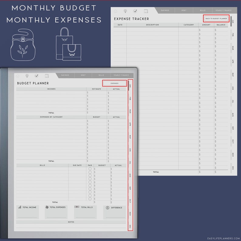 May include: A digital budget planner and expense tracker template featuring monthly tabs from January to December. The layout includes sections for income, expenses, bills, and totals with dollar signs. Text includes Monthly Budget, Monthly Expenses, Budget Planner, Expense Tracker, and Back to Budget Planner.