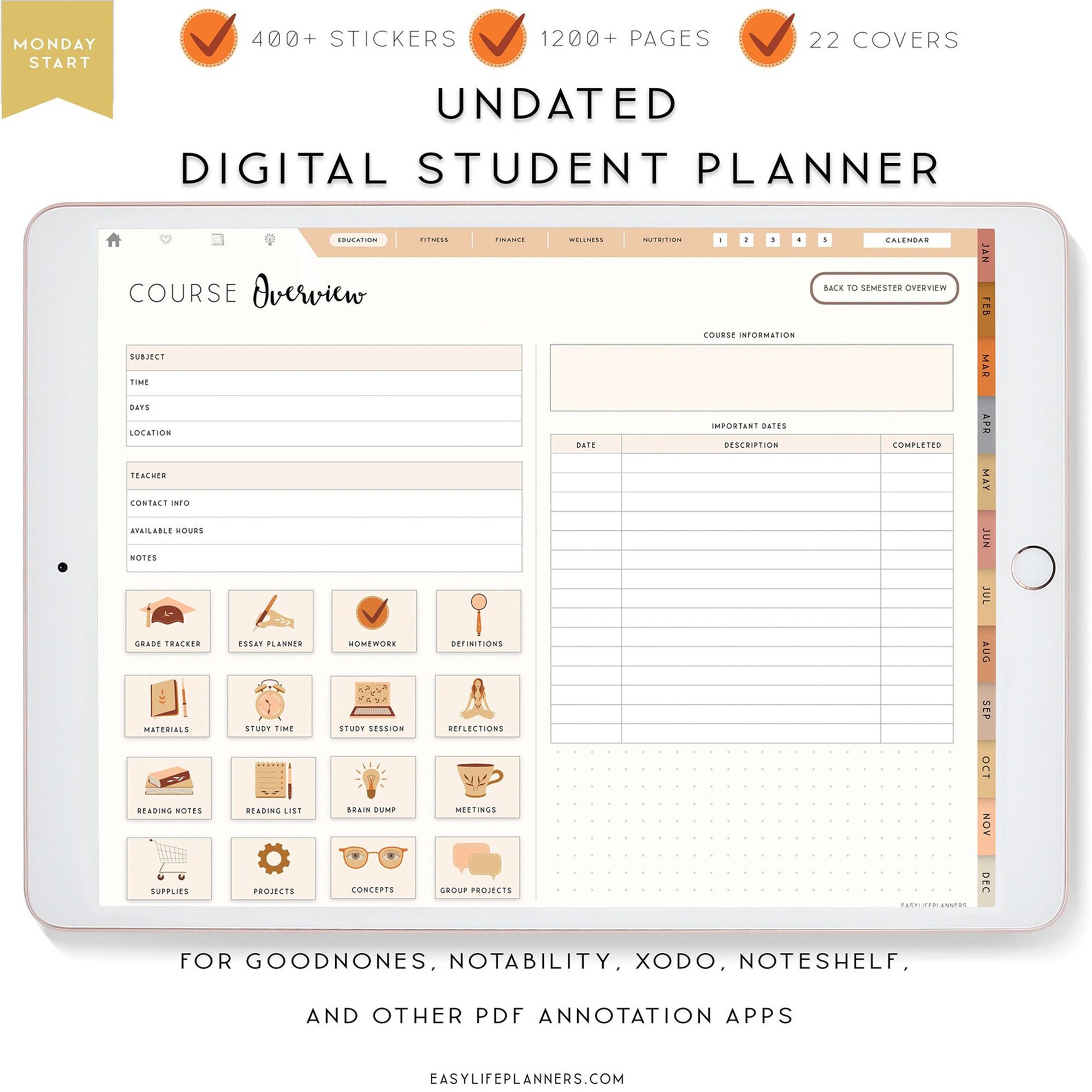 Digital Planner, Student Planner for iPad, Academic Planner, Goodnotes  Template, College Student Planner Template, Digital Planner iPad