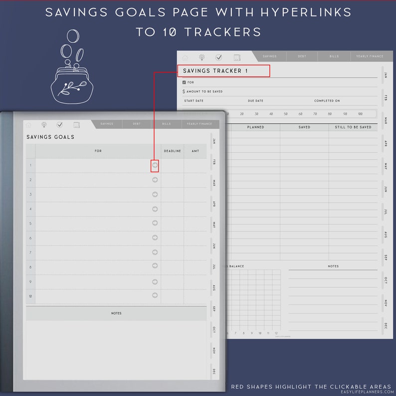 May include: A digital savings goals page with hyperlinks to 10 trackers. The layout features a list for goals, deadlines, and amounts, with red boxes highlighting clickable areas. Text includes Savings Goals, Savings Tracker 1, and Notes.