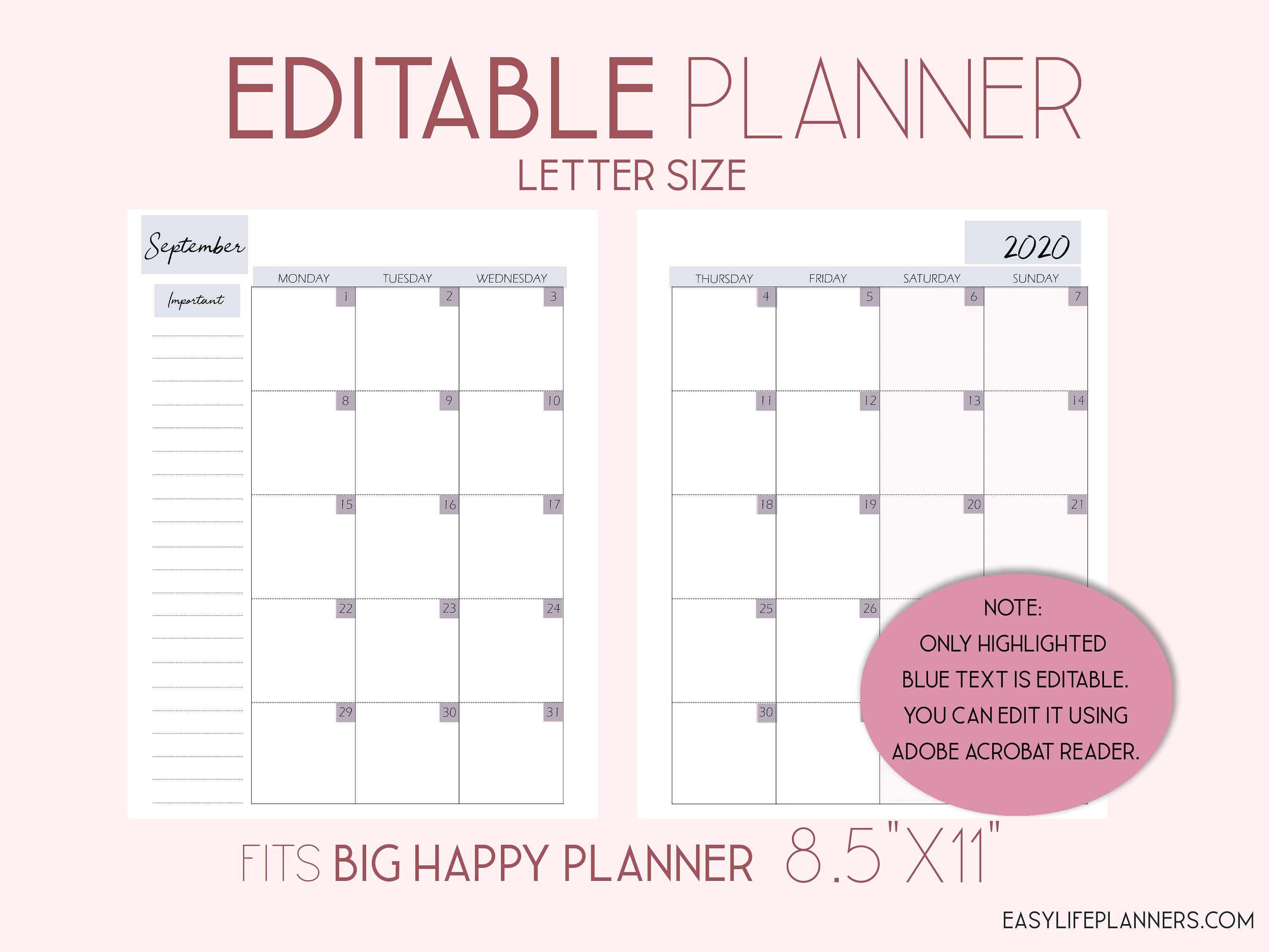 Editable Planner, 2020 Regular Planner Internet pages, Month to month Design graphic regarding Monthly Planner Template known as Editable Planner, 2020 Regular Planner Internet pages, Month to month Style and design