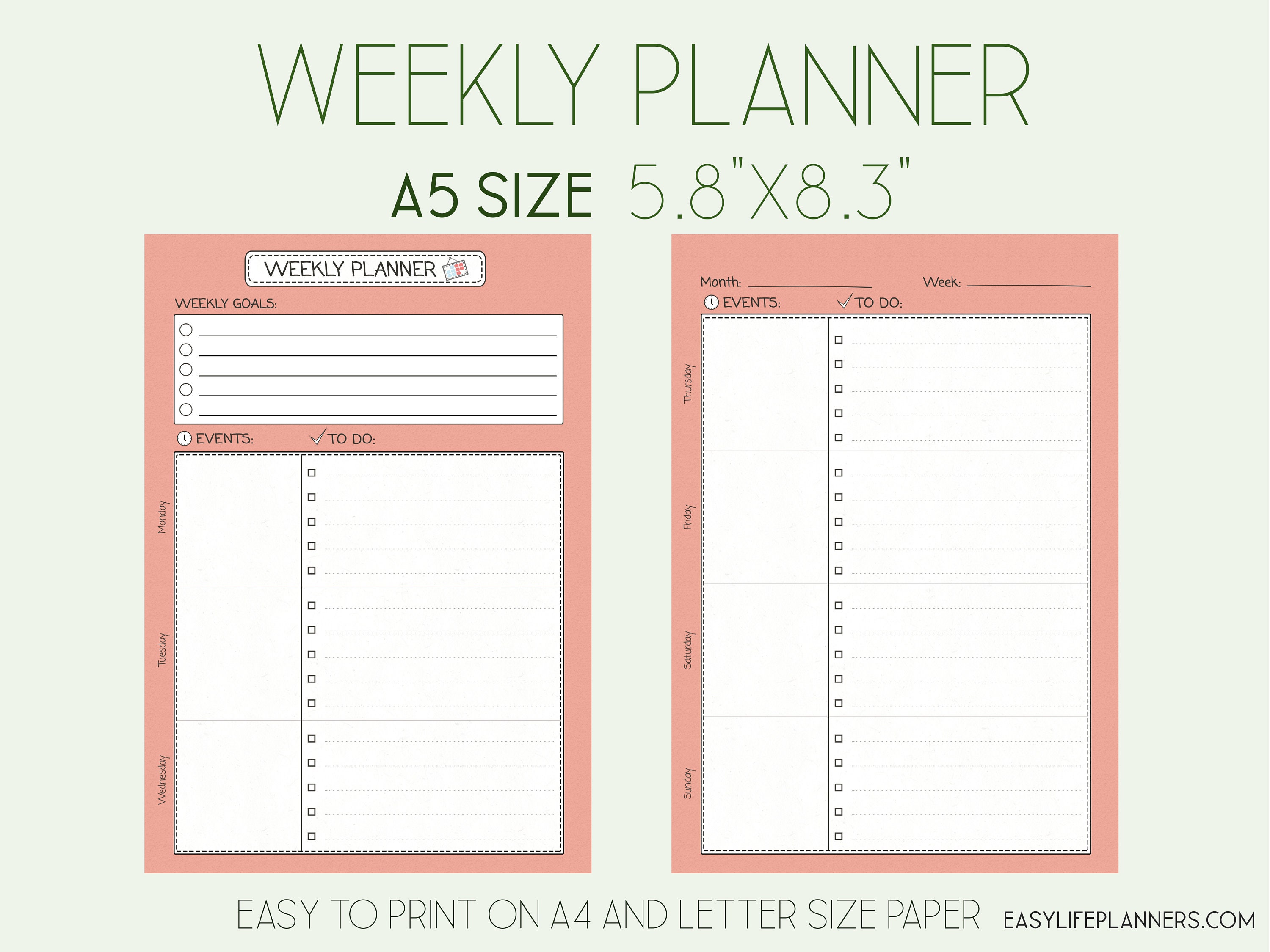 Weekly Planner Pages Printable A5 Planner Refills Weekly Etsy