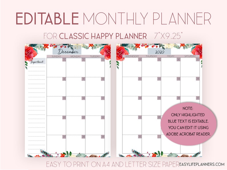 2021 Monthly Planner Editable Planner Monthly Layout made to | Etsy
