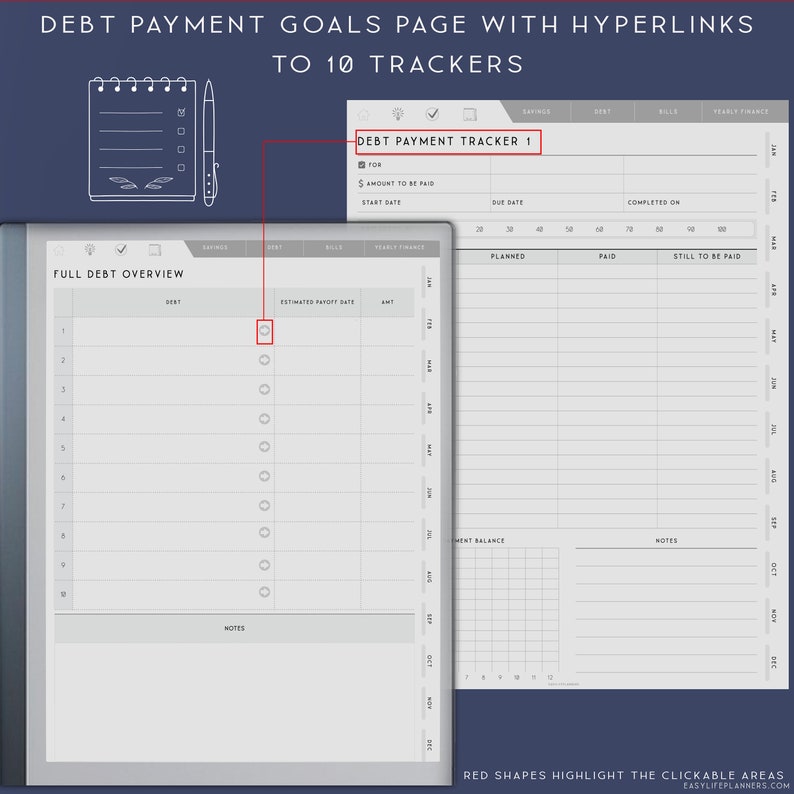 May include: A digital debt payment planner page featuring a full debt overview table with ten numbered rows and hyperlinks to individual debt payment trackers. The layout includes columns for debt names, estimated payoff dates, and amounts, with a notes section.