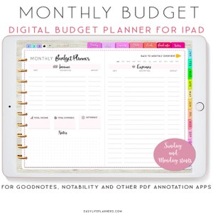 May include: A digital budget planner for iPad, displayed on a tablet with a wood grain background. The planner features a monthly budget tracker with sections for income, expenses, and notes. The planner is designed for use with Goodnotes, Notability, and other PDF annotation apps.