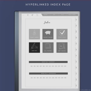 May include: A digital planner interface titled HYPERLINKED INDEX PAGE featuring a central index with six icons for Yearly Finance, Savings Tracker, Yearly Goals, Bank Info, Bill Tracker, and Debt Tracker. It includes monthly budget and expense sections with tabs for each month from January to December.