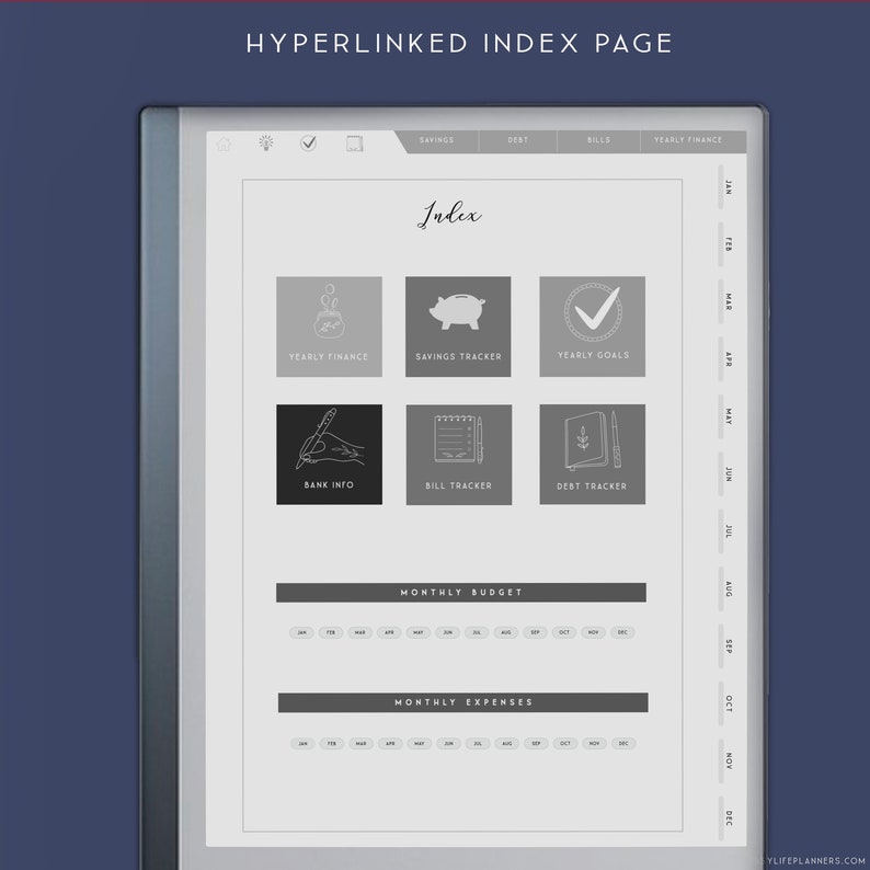 May include: A digital planner interface titled HYPERLINKED INDEX PAGE featuring a central index with six icons for Yearly Finance, Savings Tracker, Yearly Goals, Bank Info, Bill Tracker, and Debt Tracker. It includes monthly budget and expense sections with tabs for each month from January to December.