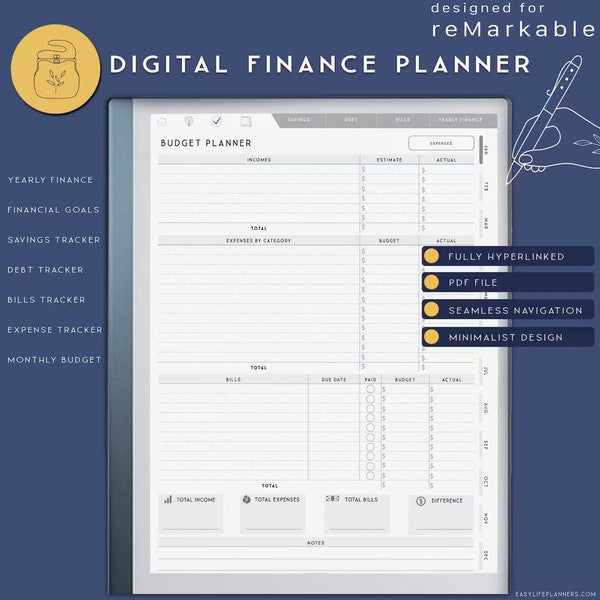 Finance Planner for Remarkable 2, Budget Planner, Digital Savings Tracker, Debt pay off Made for reMarkable tablet.