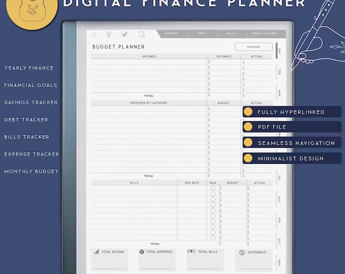 Finance Planner for Remarkable 2, Budget Planner, Digital Savings Tracker, Debt pay off Made for reMarkable tablet.