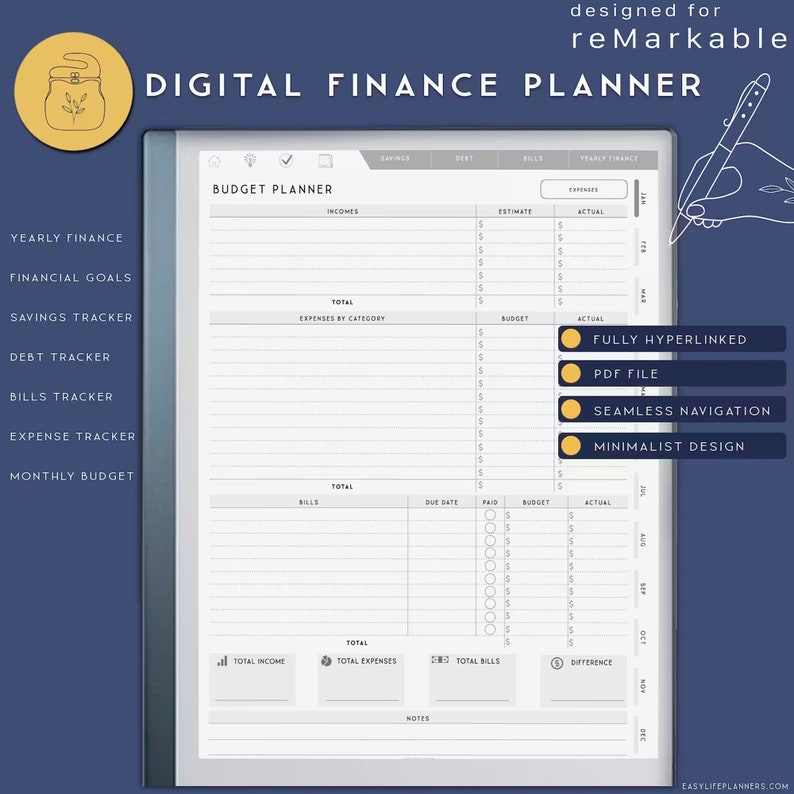May include: A digital finance planner for reMarkable tablets featuring a budget planner layout with sections for incomes, expenses, bills, and notes. The interface includes tabs for savings, debt, bills, and yearly finance, with text labels for fully hyperlinked, PDF file, seamless navigation, and minimalist design.