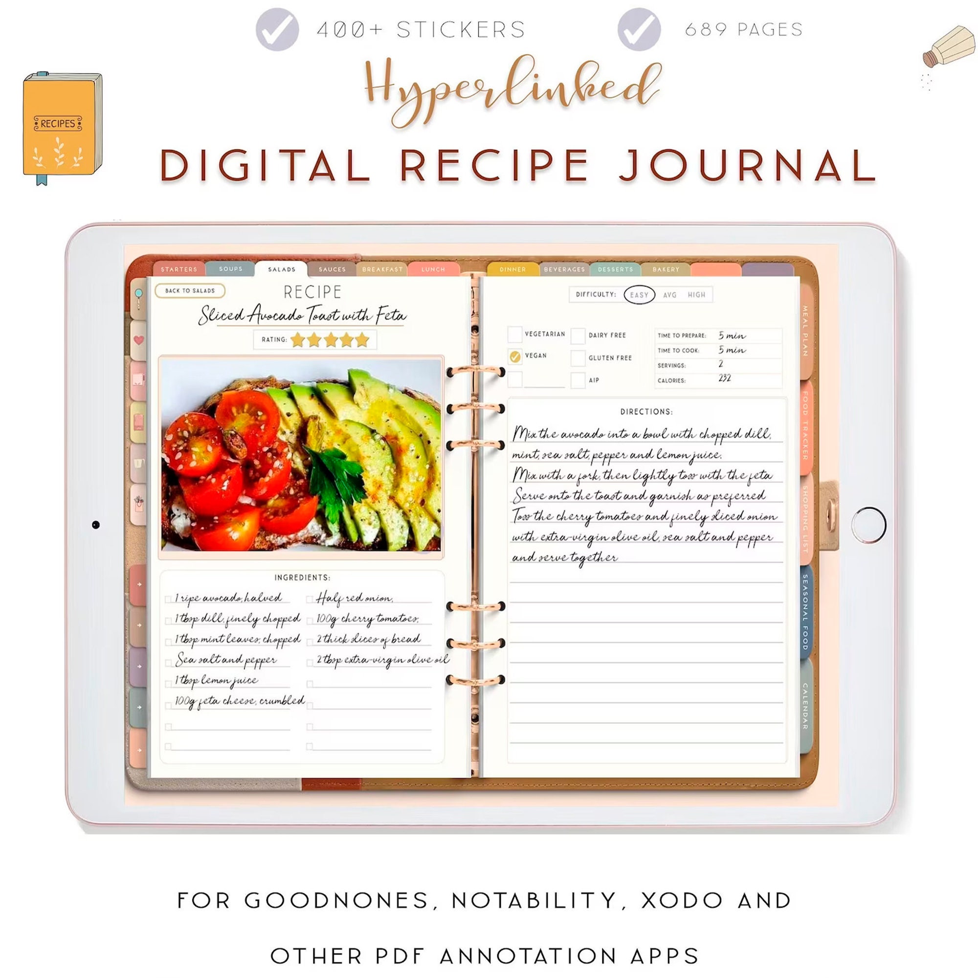 Digital Recipe Book, Goodnotes template, Vertical Planner Digital