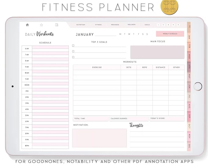 Digital Fitness Planner for iPad, Notability Planner, Fitness Journal, XODO Planner, Goodnotes Template, Wellness Planner