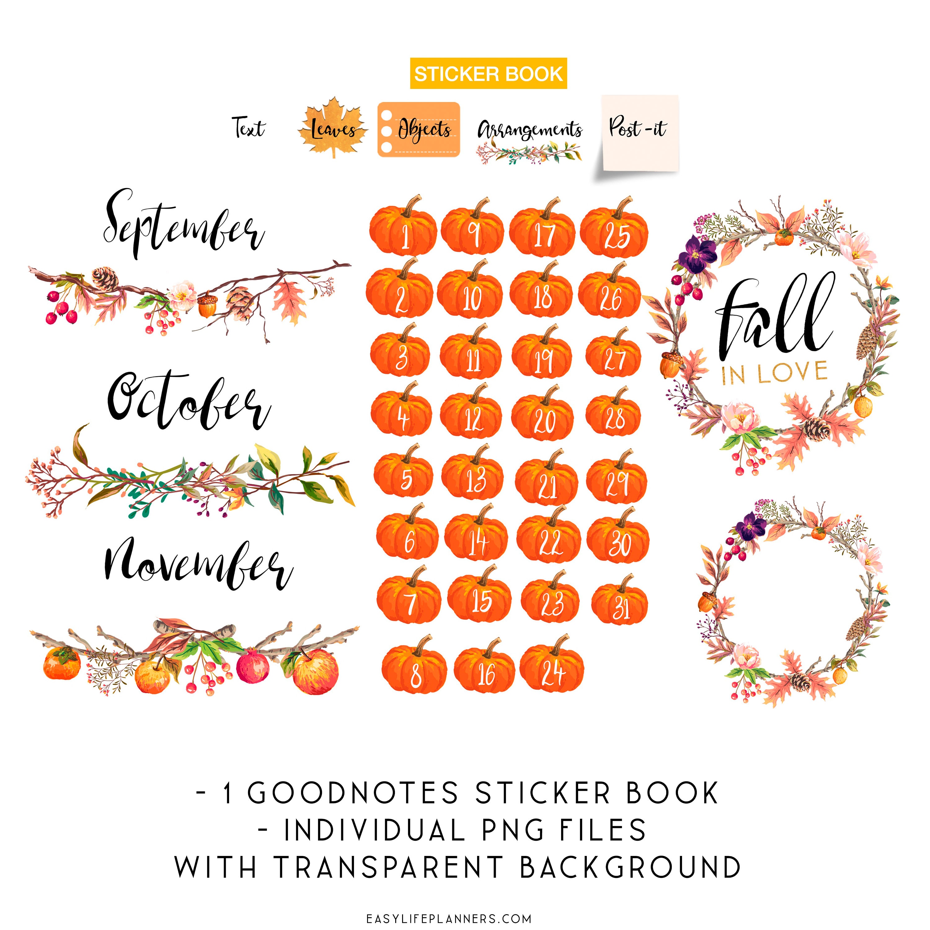 Fall Stickers, Goodnotes stickers, Digital Stickers for iPad, Autumn