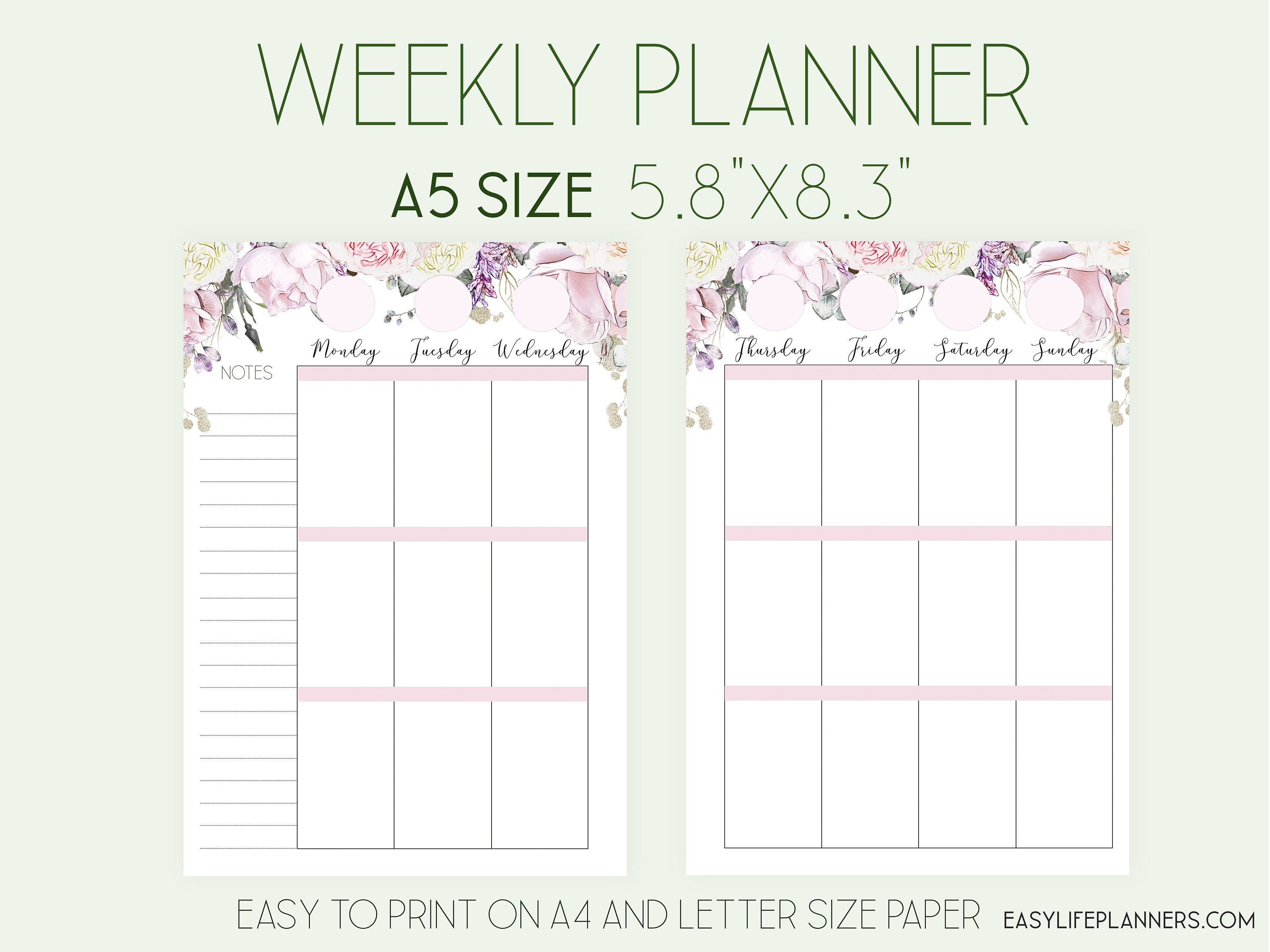 A5 Weekly Insert Weekly Planner Pages A5 Planner Refills Printable