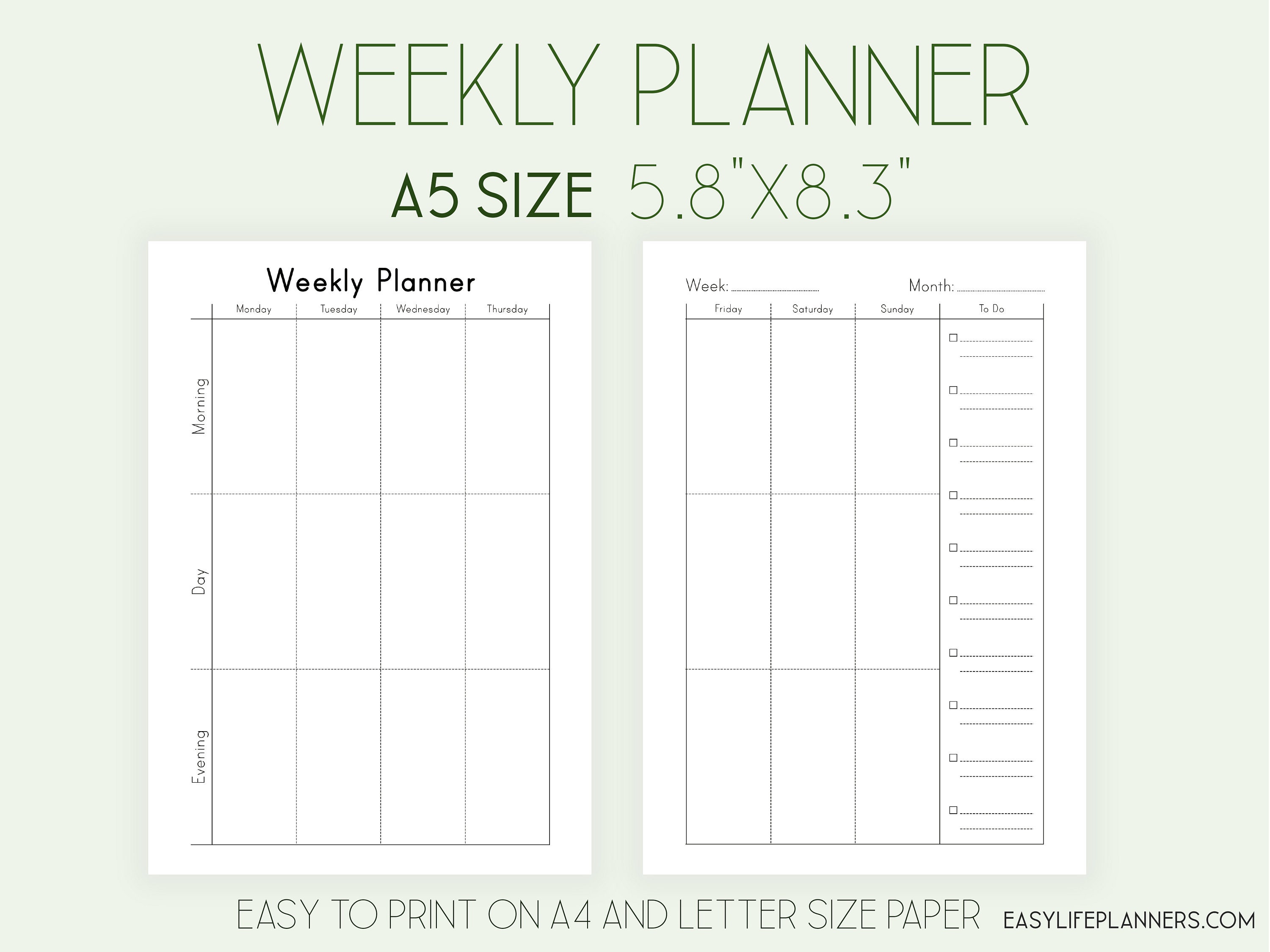 weekly planner pages a5 filofax insert a5 planner