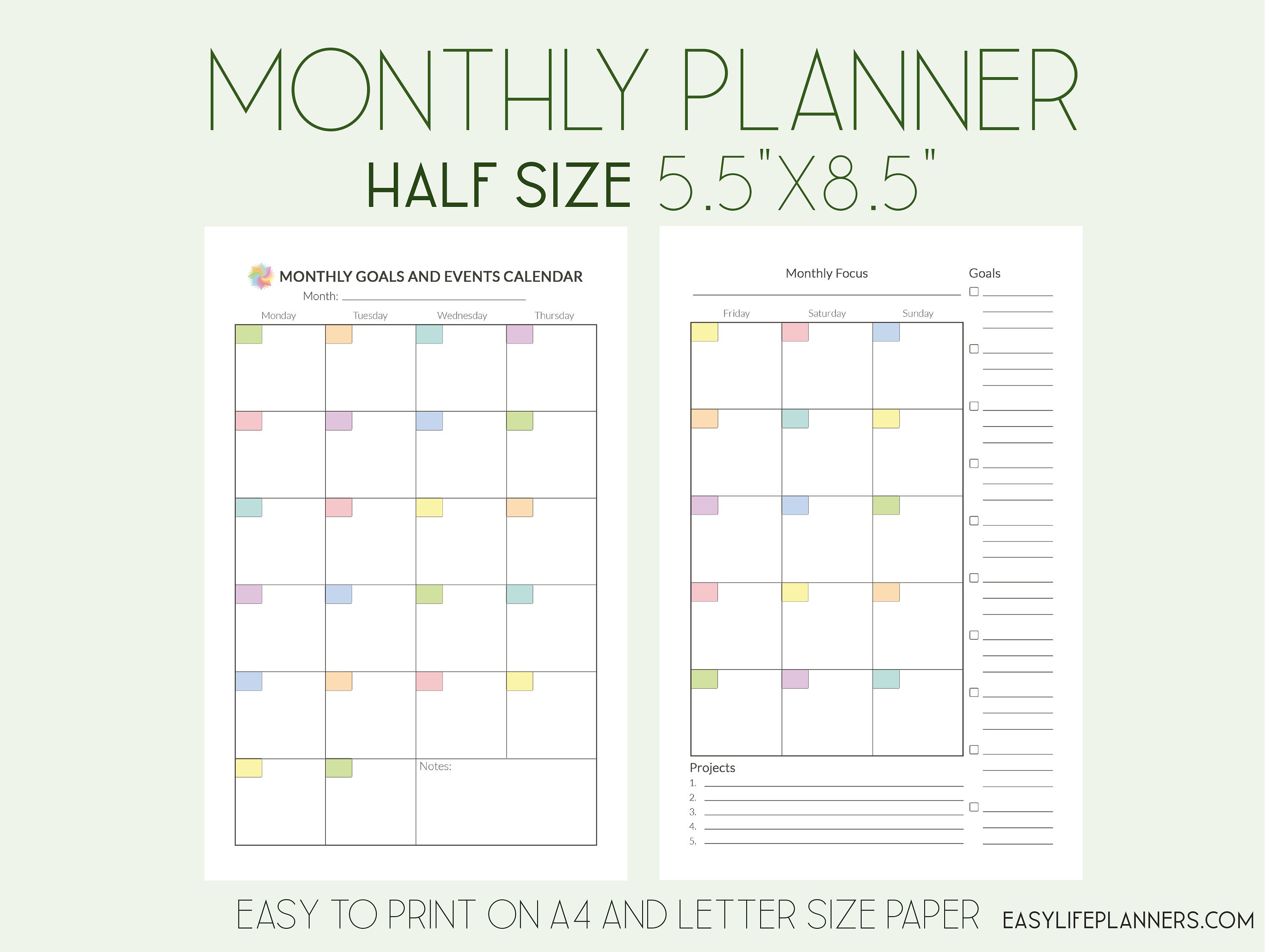 monthly planner printable half size planner mo2p month on two pages