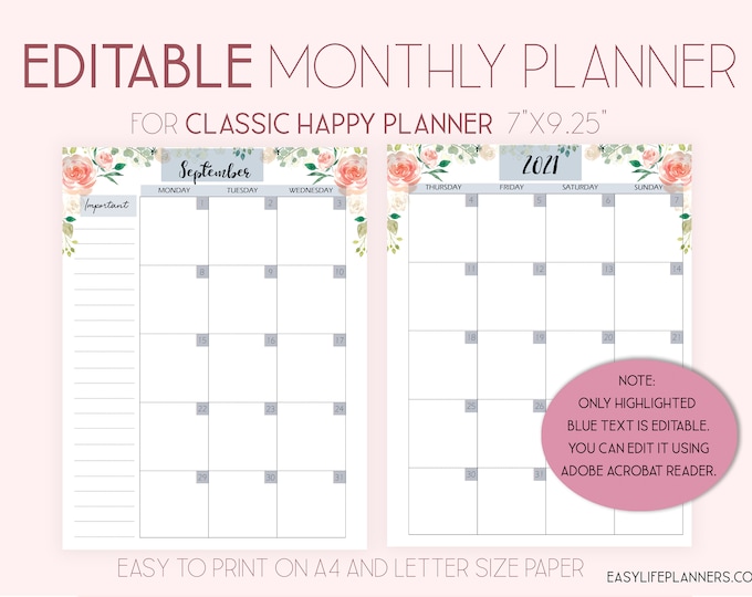 2023 Monthly Planner Pages, Editable Planner Mo2P, Monthly Layout made to fit Happy Planner Template