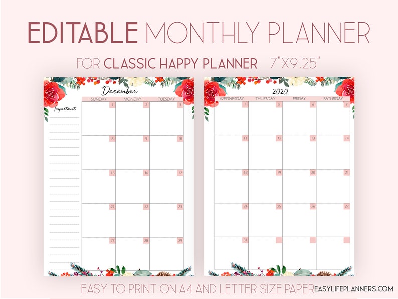 2021 Monthly Planner Editable Planner Monthly Layout made to | Etsy