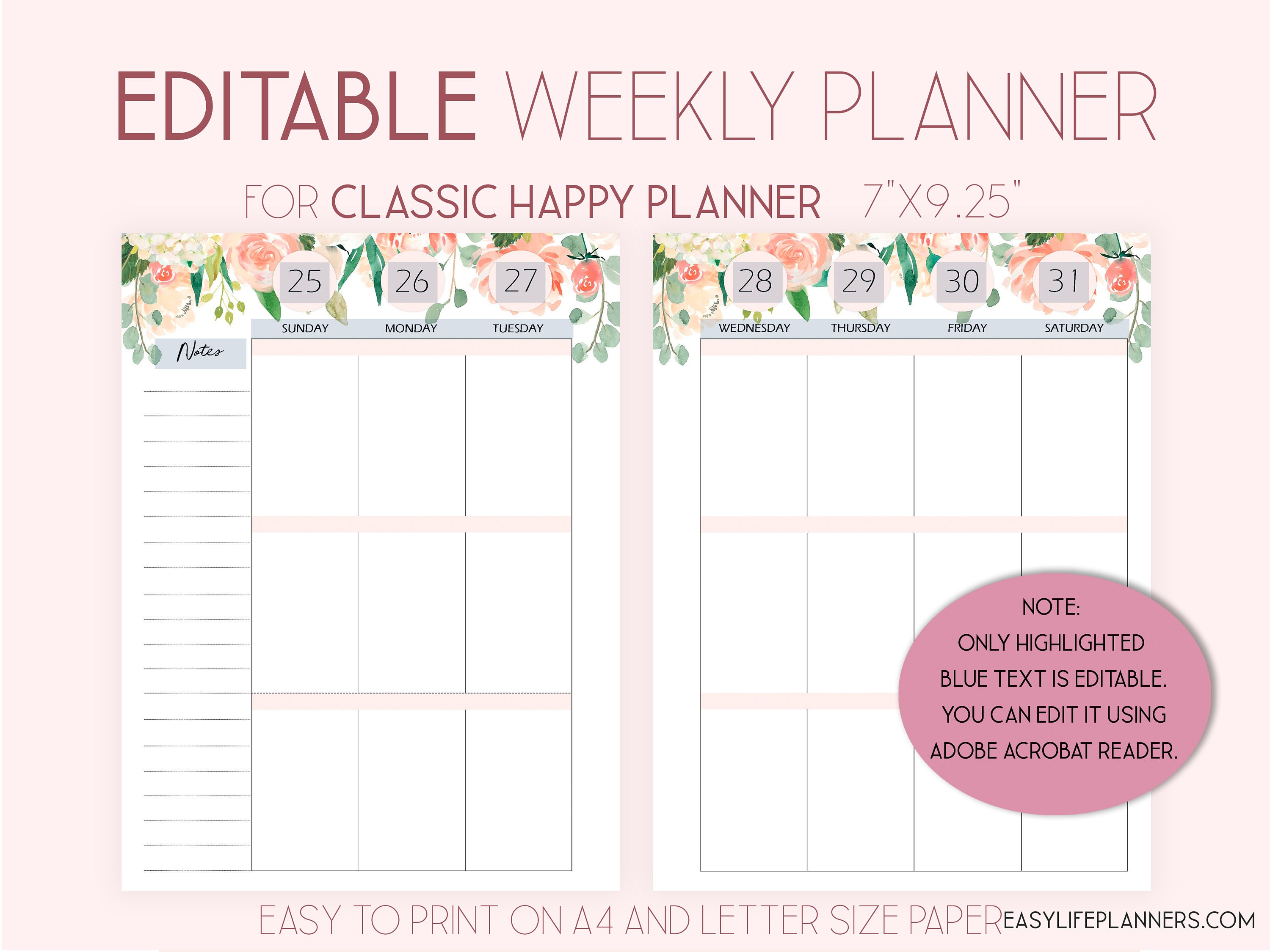 Editable weekly planner printable weekly calendar family planner 