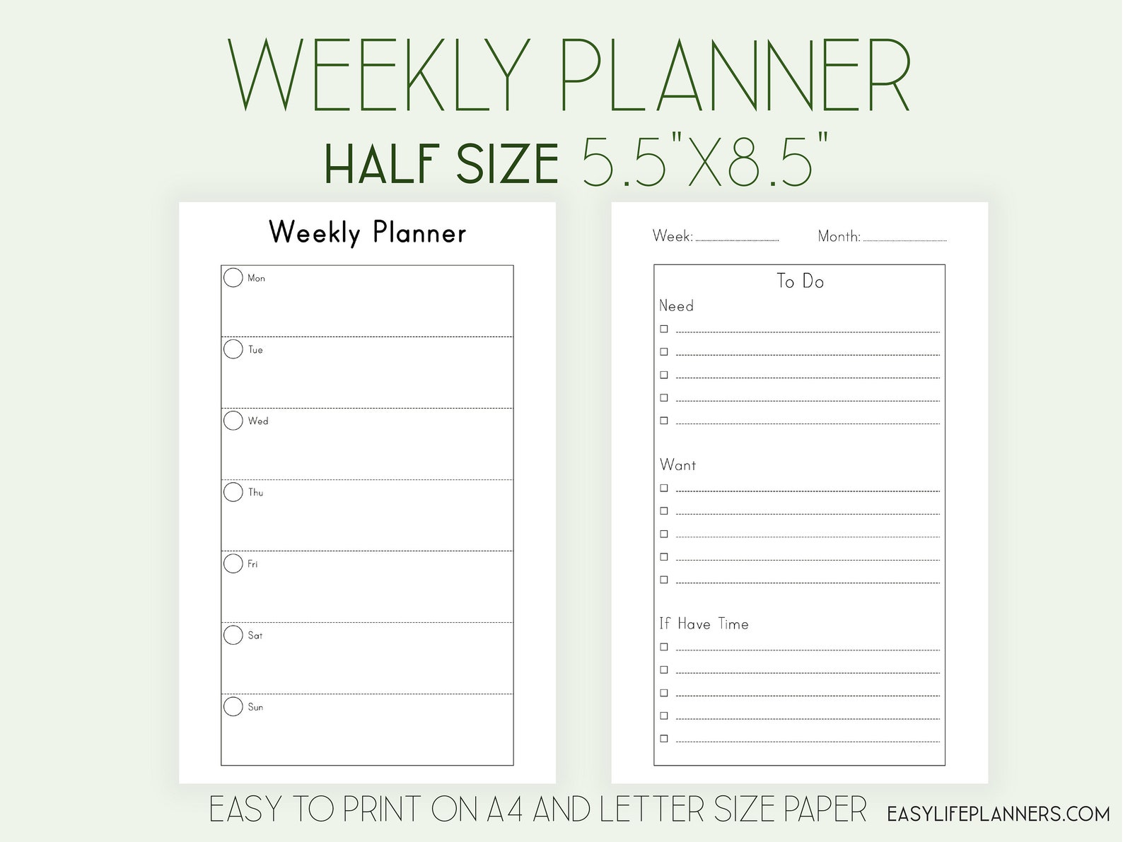 Weekly Planner Pages WO2P Half Size Planner Half Letter | Etsy