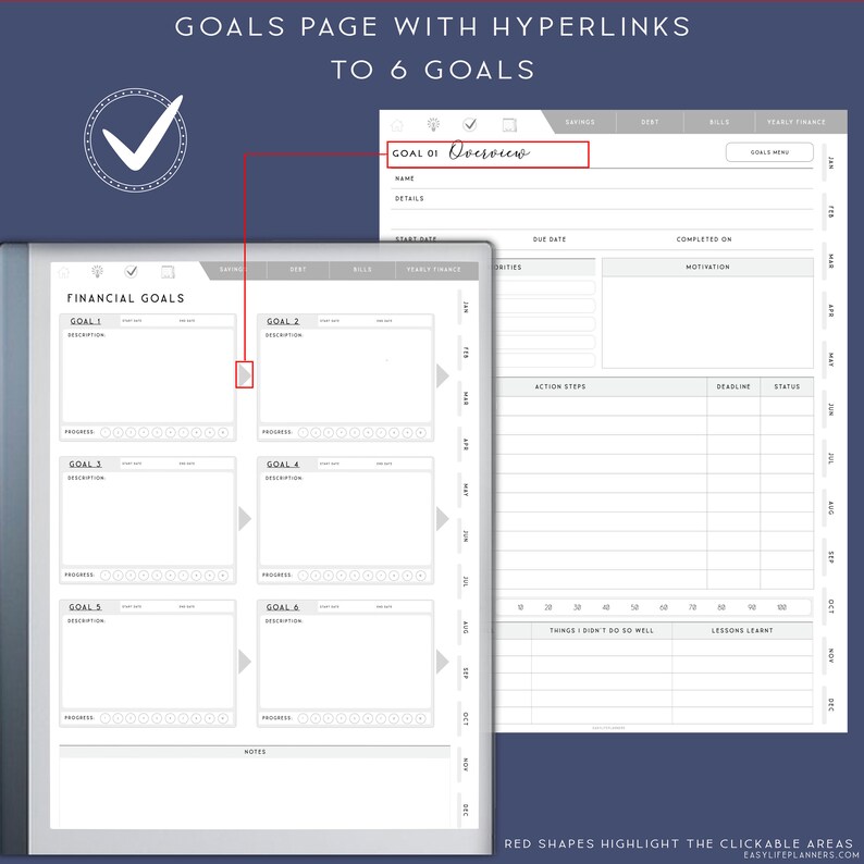 May include: A digital financial planner page featuring six goal sections with progress trackers, a navigation sidebar, and a detailed goal overview template. The layout includes text fields for goal names, start dates, due dates, and action steps.