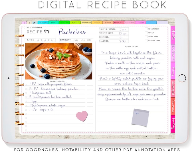 Digital Recipe Book, Goodnotes Recipes, Digital Planner for iPad, Notability Planner, Recipe Book Template, Recipe Planner