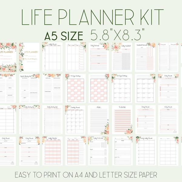 Life Planner Pages A5 Printable Planner Inserts, Made to fit Filofax A5 Refills, Daily Planner Printable