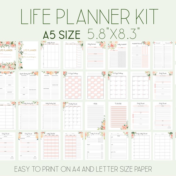 Leben Planer Seiten A5 druckbare Planner Einlagen, passend für Filofax A5 Refills, druckbarer Tagesplaner