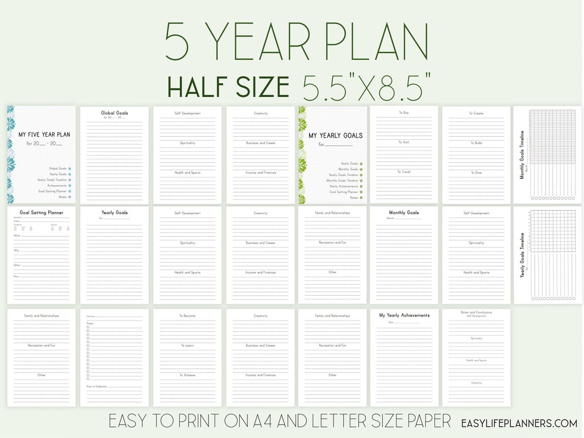 Goal Tracker Printable 5 YEAR Plan Half Size Planner Half Etsy