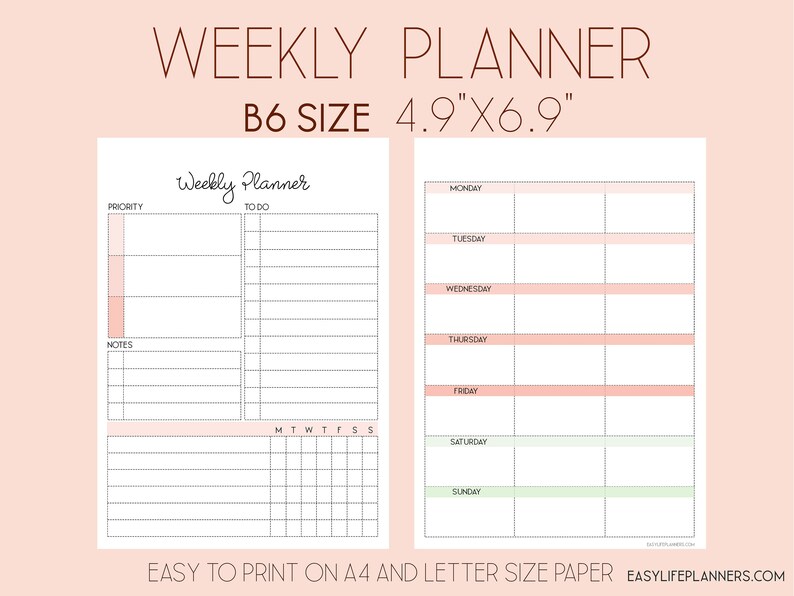 B6 Weekly Insert Printable B6 Insert B6 Traveler's Etsy