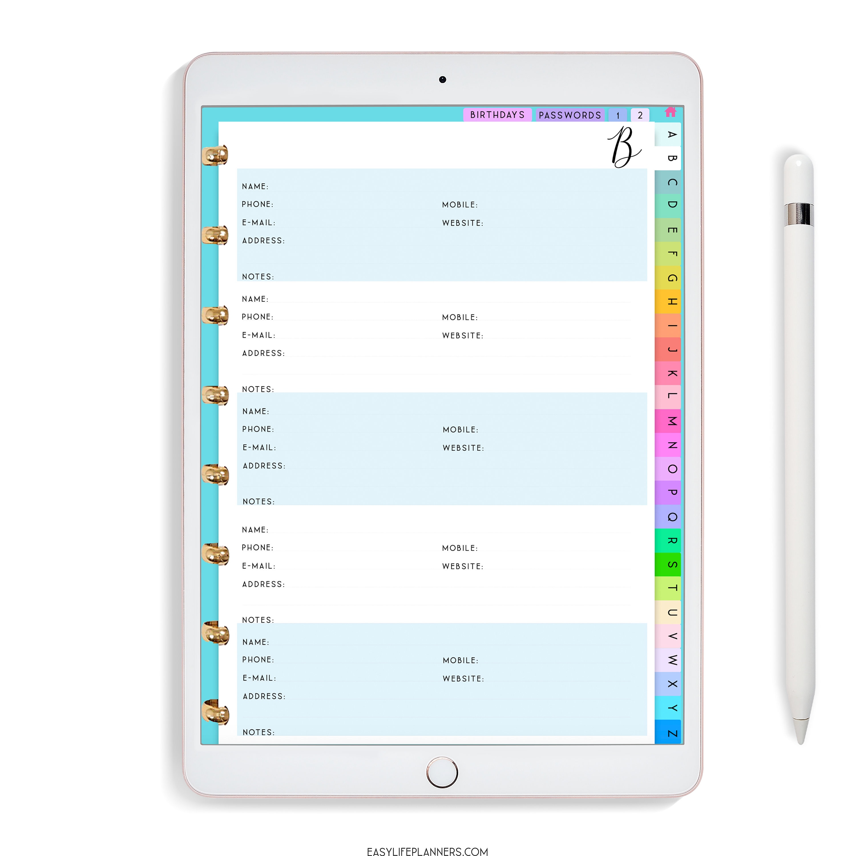 Address Book Digital Planner, iPad Planner, Goodnotes Planner