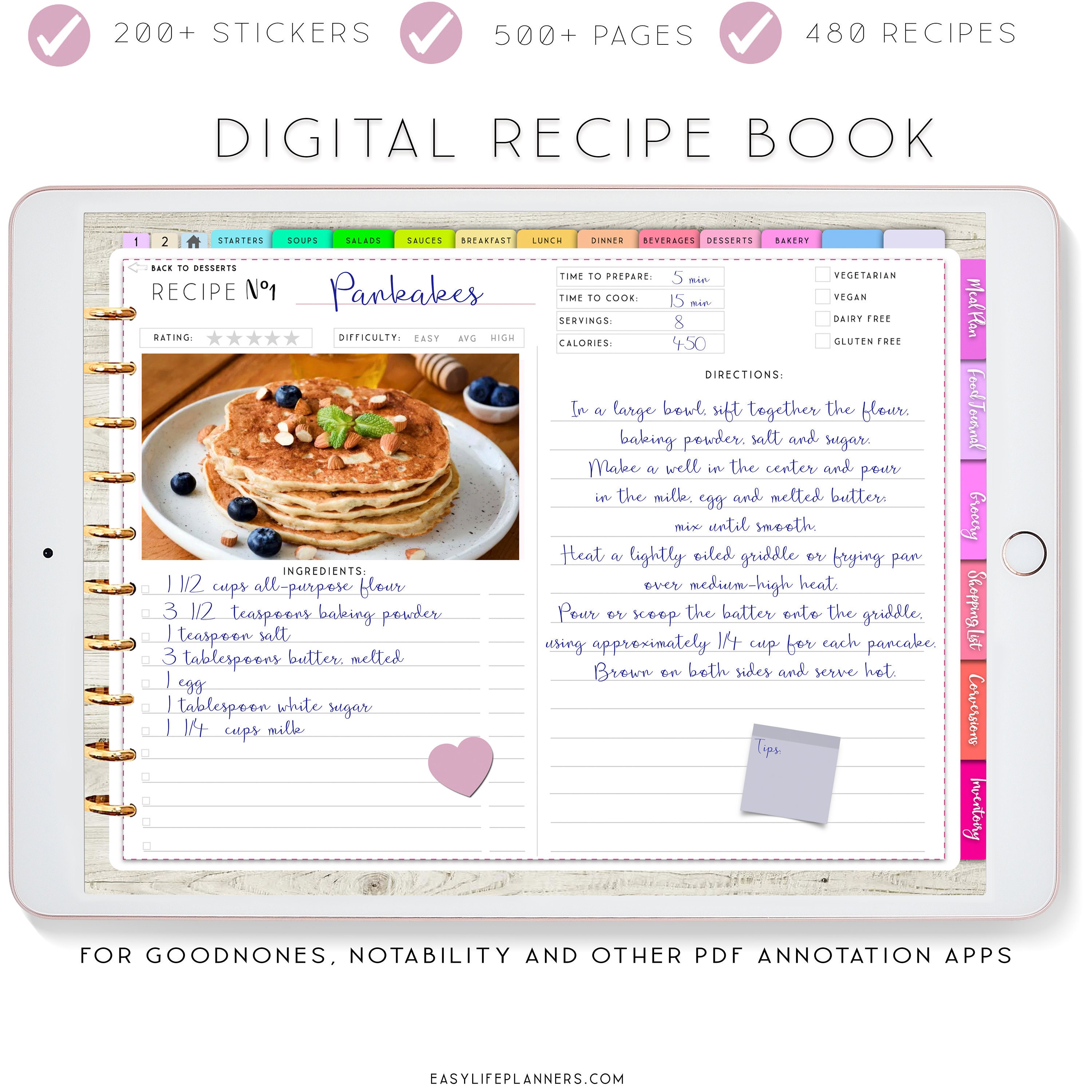 Digital Recipe Book, Goodnotes Recipes, Digital Planner for iPad