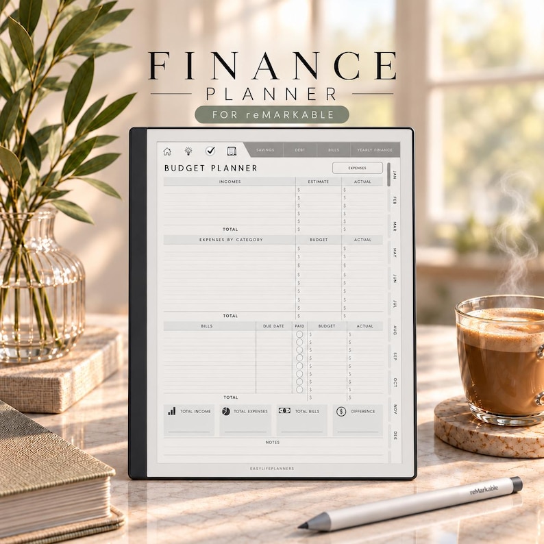 May include: A digital tablet displaying a finance planner template with the text FINANCE PLANNER FOR REMARKABLE. The screen shows a budget planner layout with columns for incomes, expenses, and bills, alongside a stylus pen on the surface.