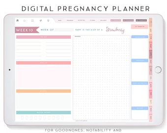 May include: A digital pregnancy planner displayed on a tablet. The screen shows a week-by-week layout with sections for to-do lists, health, notes, and water intake. The planner includes 400+ stickers, 600+ pages, and 5 covers. Text on the screen reads "Baby is the size of a Strawberry."