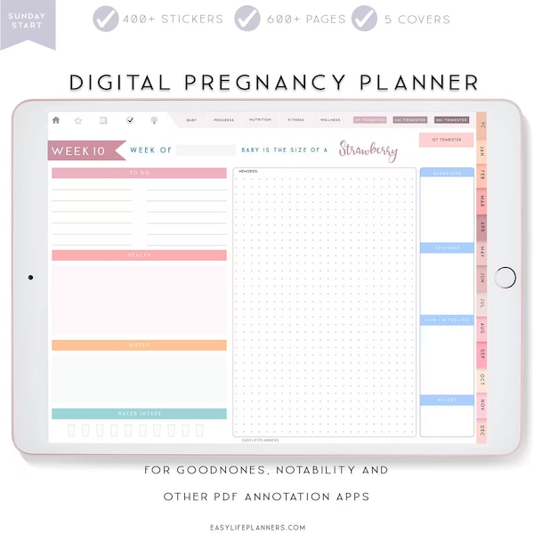 Planificador de embarazo, Planificador digital, Plantilla Goodnotes, Planificador de embarazo, Diario de embarazo, Diario de embarazo.