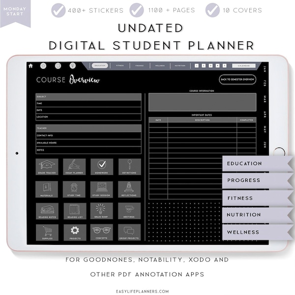 Digital Student Planner, Dark Mode Digital Planner for iPad, Notability Planner, Goodnotes Planner, Academic Planner, College Planner.