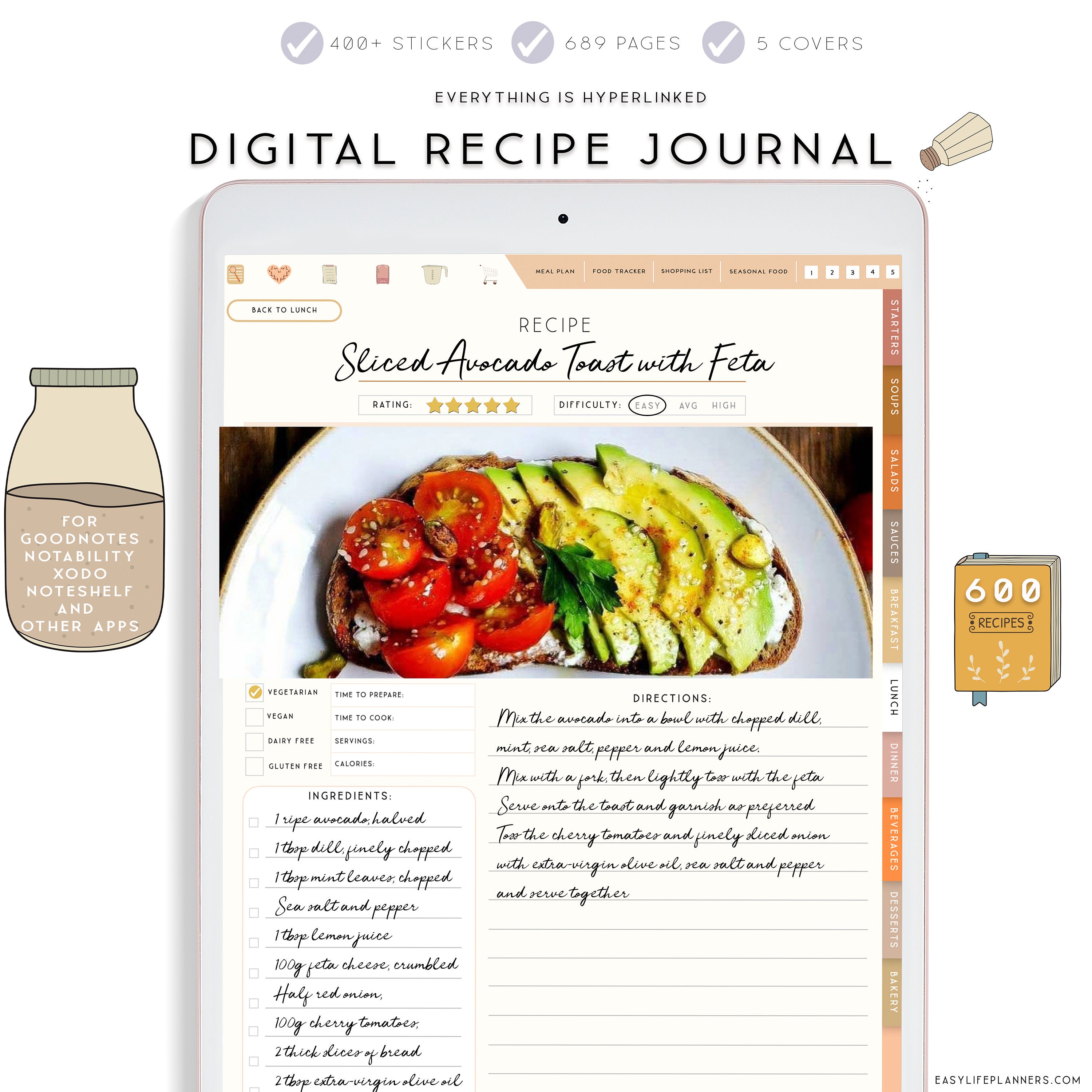 Digital Recipe Book, Goodnotes template, Vertical Planner Digital