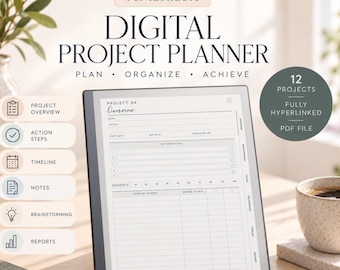 May include: A digital project planner for reMarkable tablets featuring a project overview page with sections for top priorities, progress tracking, and supplies needed. The interface includes navigation tabs for project overview, action steps, timeline, notes, brainstorming, and reports. The text reads Digital Project Planner, Plan, Organize, Achieve, and 12 Projects Fully Hyperlinked PDF File.