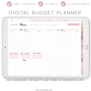 May include: A digital budget planner displayed on a tablet. The planner features sections for income and expenses, with a pink and white color scheme. The image includes text that says "200+ stickers", "72 pages", and "5 cover pages".
