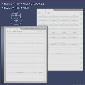 May include: A digital planner page titled Yearly Financial Goals with sections for income, purchases, savings, debt payment, and charity. A second page titled Yearly Finance displays monthly income, expenses, and difference columns.